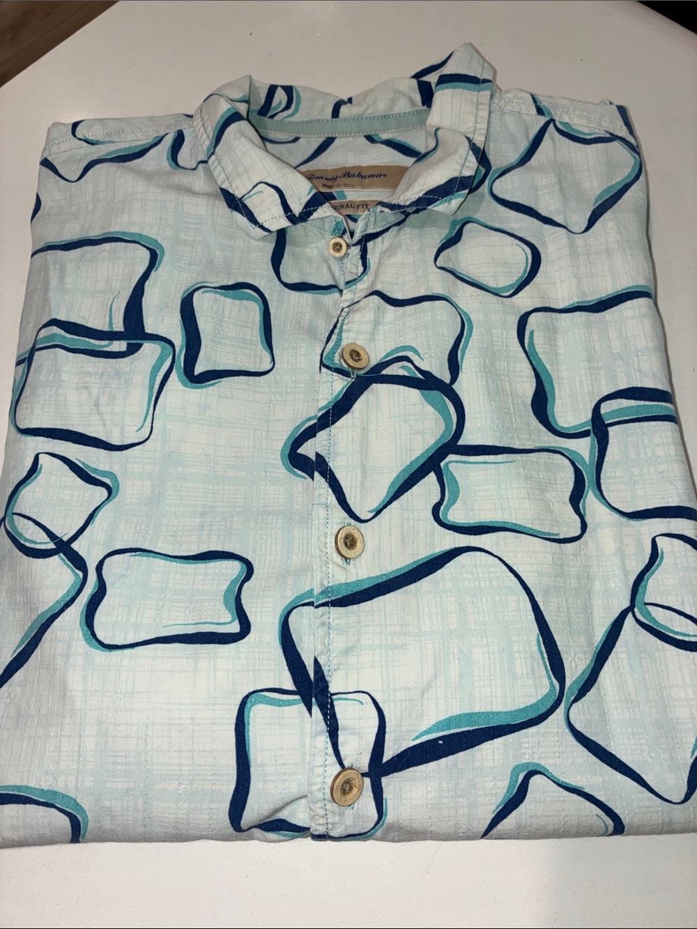 TOMMY BAHAMA GUC Ivory Short-Sleeve Button Down Shirt Geometric Print Size Large - Picture 12 of 12